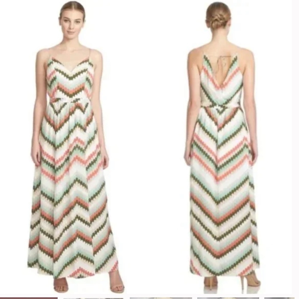 1. State Woman’s Dress Large Maxi V-Neck Spaghetti Straps ZigZag 70’s Inspired